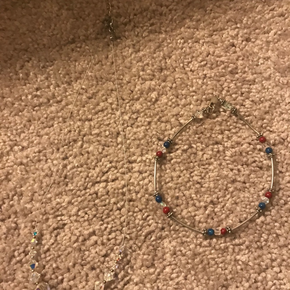 Crystal bead necklace & blue/red ankle bracelet